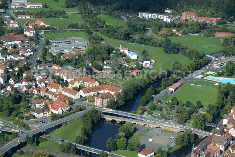 Gemünden from above - Village on the banks of the area Verlaufes der Fraenkischen Saale - river course in Gemuenden in the state Bavaria