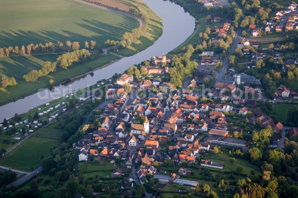 Polle from above - Village on the banks of the area Weser - river course in Polle in the state Lower Saxony, Germany