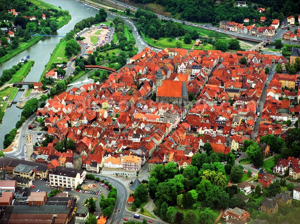 Aerial image Hann. Münden - Village on the banks of the area confluence of Werra and Fulda the Weser - river course in Hann. Muenden in the state Lower Saxony