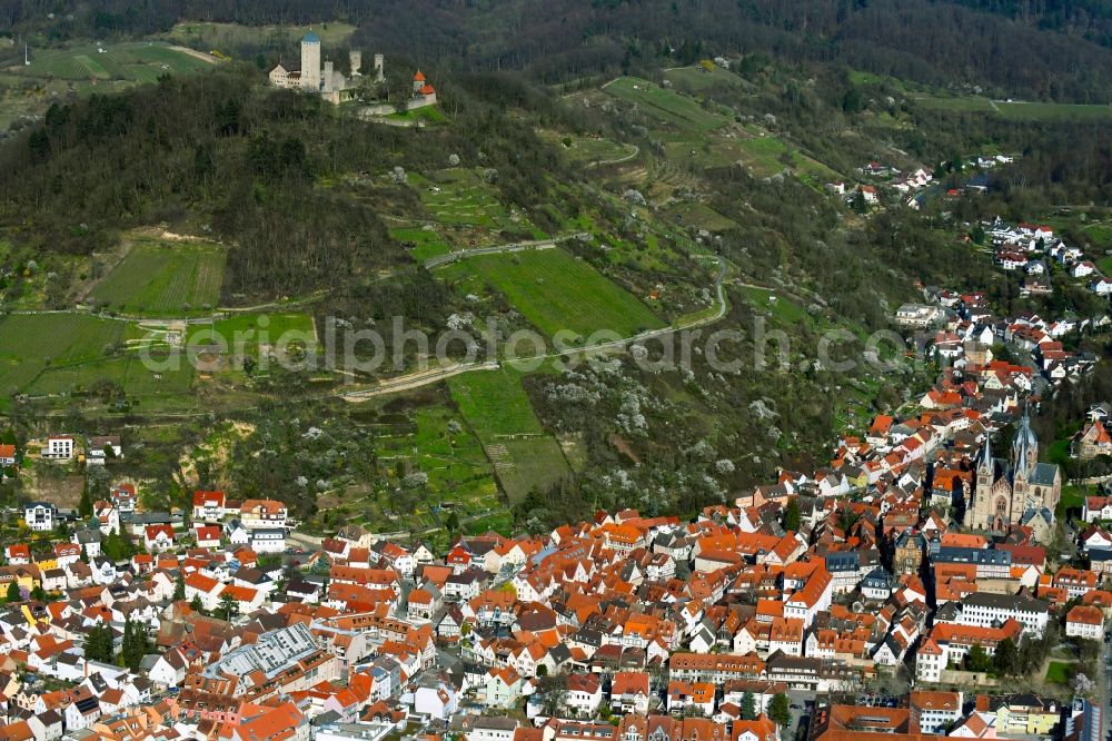 Heppenheim (Bergstraße) from above - District view of the streets and houses in the valley and the castle Starkenburg on the mountain in Heppenheim (Bergstrasse) in the state Hesse, Germany