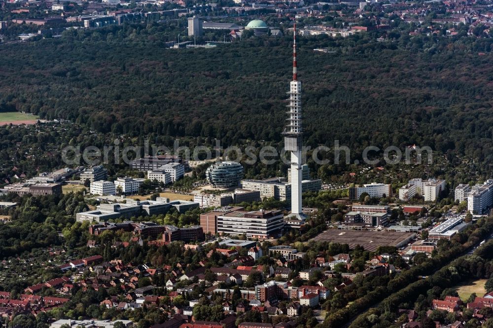 Hannover from the bird's eye view: The district with a view on the television tower Telemax and the international neuroscience institute in Hannover in the state Lower Saxony