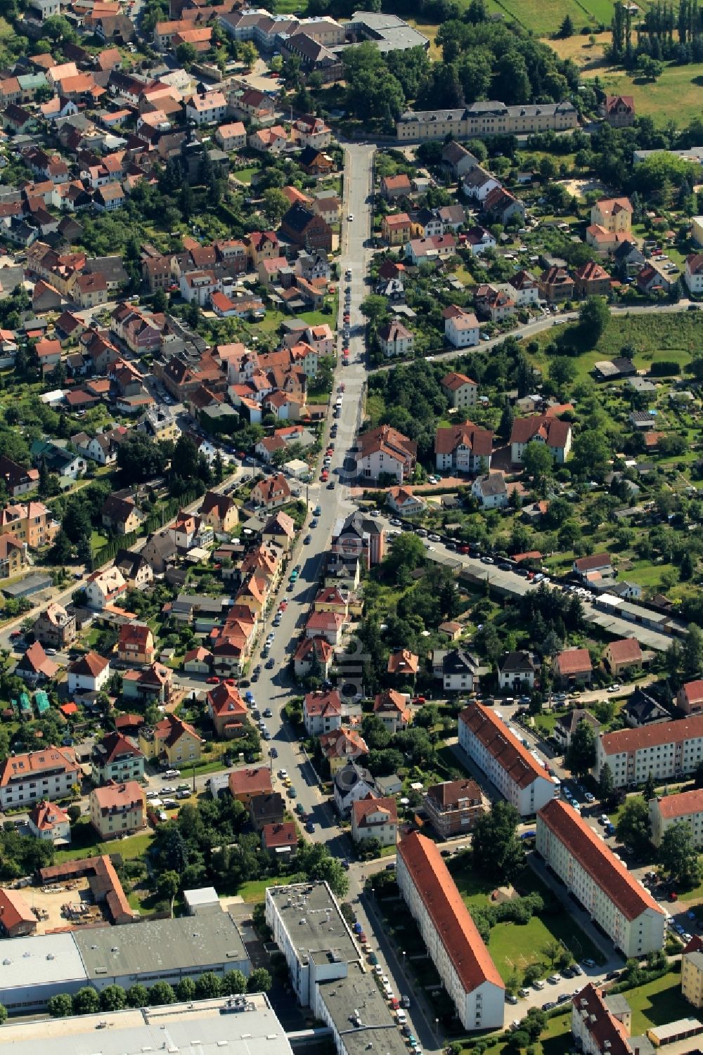 Aerial image Rudolstadt - The district Culmbach is located south from the center of Rudolstadt in Thuringia. Along the Culmbacher road are many apartment buildings. At the Kirchweg road is the Protestant Church of St. Nicholas. In the background the orangery is visible. The Baroque-style building was built by the Prince of Schwarzburg-Rudolstadt in the 18th century