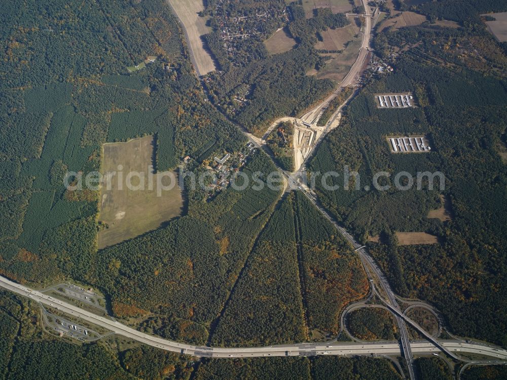 Stahnsdorf from above - The district Gueterfelde bei Potsdam and its nearby forestland besides the motorway A 115 in Stahnsdorf in the state Brandenburg