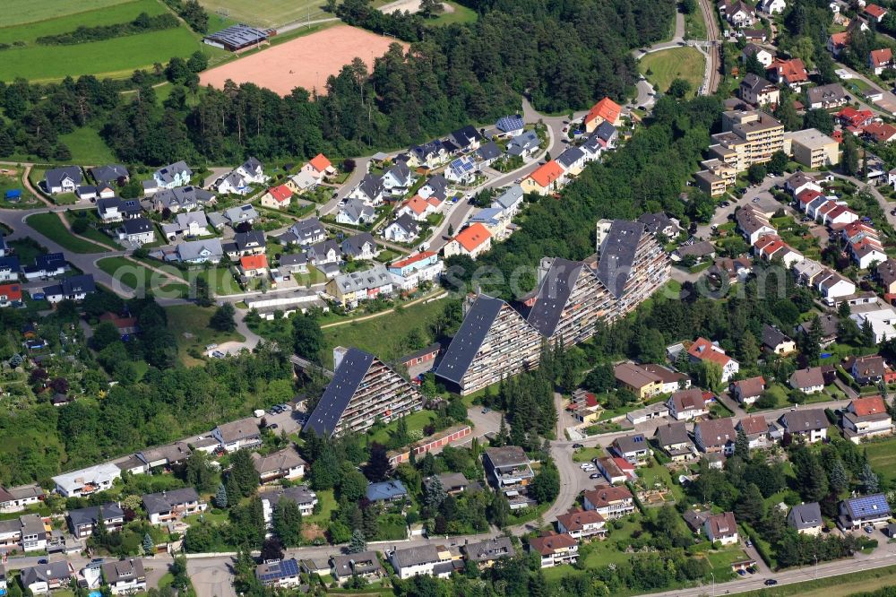 Aerial image Villingen-Schwenningen - Marbach district in Villingen-Schwenningen in the state of Baden- Wuerttemberg with its four distinctive triangular houses of the urbanization Terra Wohnpark 