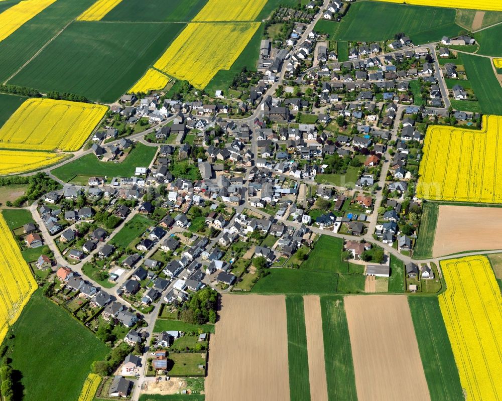 Mayen from the bird's eye view: View of the Allenz part of the district of Alzheim in Mayen in the state Rhineland-Palatinate. The town is located in the county district of Mayen-Koblenz in the Eifel region. The urban area is crossed by the river Nette. Mayen consists of a main town and four boroughs and districts. Allenz is part of the Alzheim district of the town and located in its South, surrounded by rapeseed fields and meadows