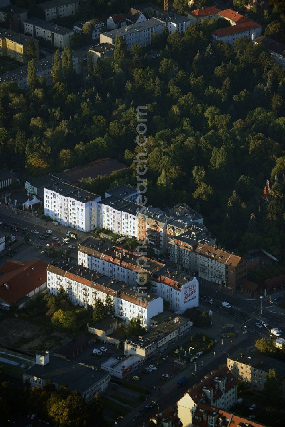 Berlin from above - View of the Alt-Mariendorf part around Mariendorfer Damm in Berlin in Germany. The historic part consists of residential buildings, estates, business buildings and a cemetery