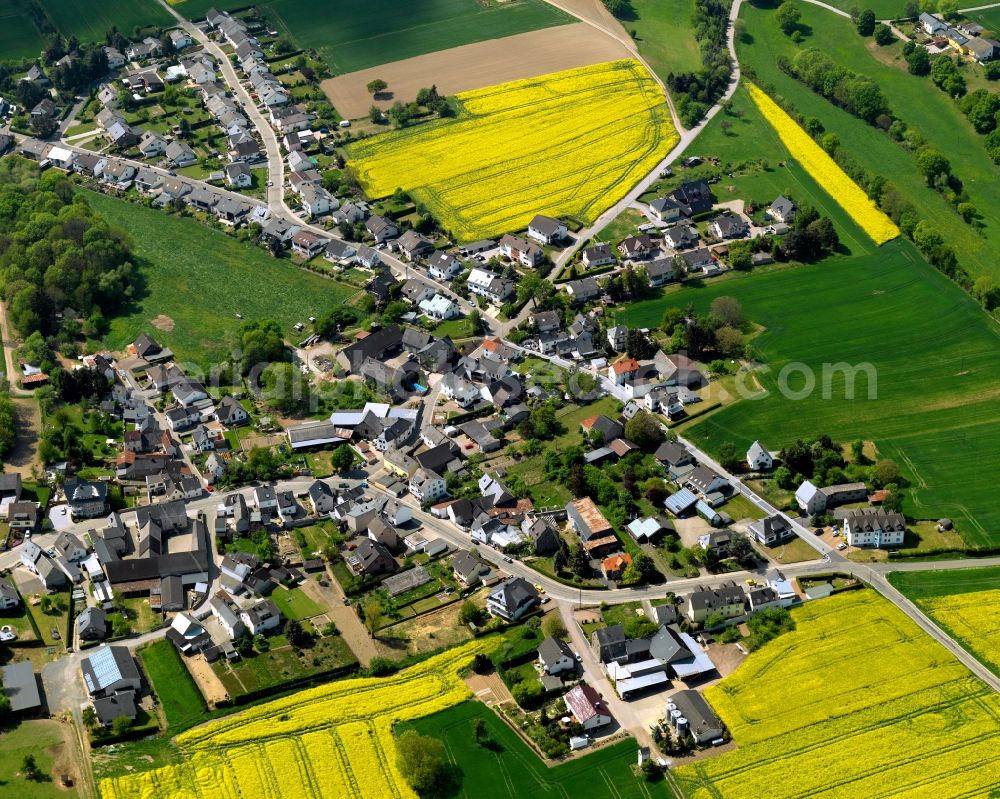 Mayen from above - View of the Berresheim part of the district of Alzheim in Mayen in the state Rhineland-Palatinate. The town is located in the county district of Mayen-Koblenz in the Eifel region. The urban area is crossed by the river Nette. Mayen consists of a main town and four boroughs and districts. Berresheim is part of the Alzheim district of the town and located in its South, surrounded by rapeseed fields and meadows