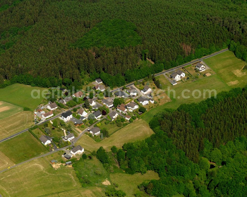 Aerial photograph Selbach (Sieg) - View of the Brunken part of Selbach (Sieg) in the state of Rhineland-Palatinate. Selbach is surrounded by forest and spreads out amidst hills in small valley on the river Sieg. The agriculturally informed municipiality consists of residential areas with houses and agricultural businesses. Brunken is located in the South of Selbach