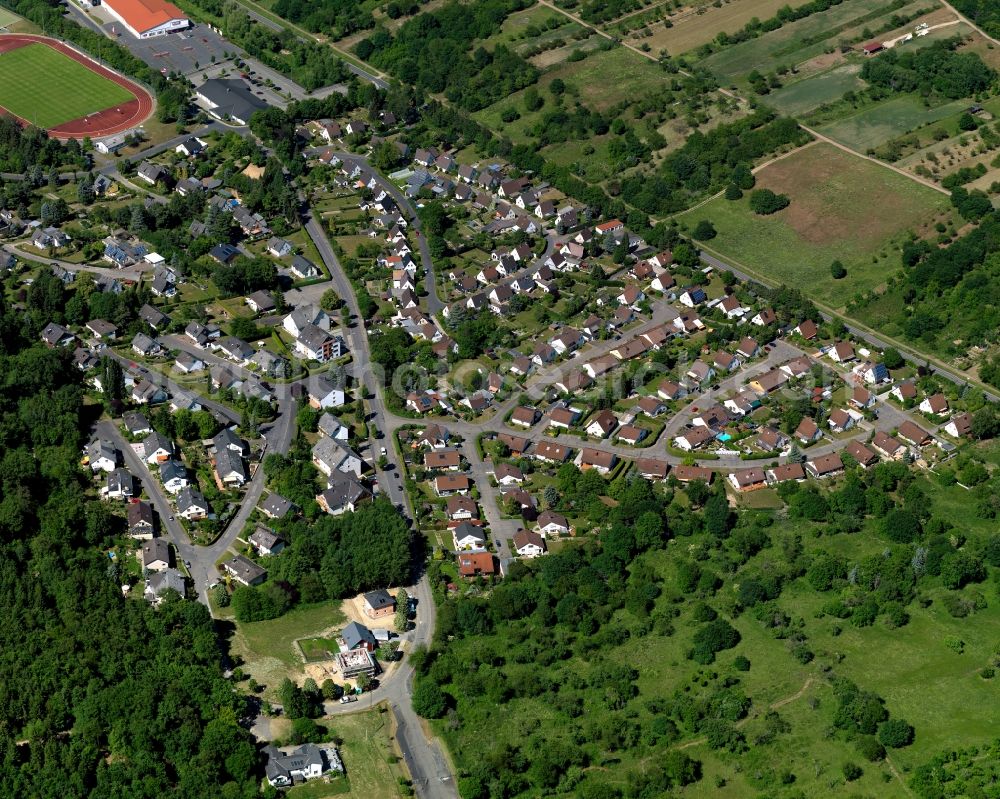 Boppard from above - View of the Buchenau part of Boppard in the state Rhineland-Palatinate. The town is located in the county district of Rhine-Hunsrueck on the steep left riverbank of the river Rhine. The official tourist resort sits in the UNESCO world heritage site of Upper Middle Rhine Valley and is characterised by vineyards and wine-growing estates. Buchenau is located in the South of the town centre