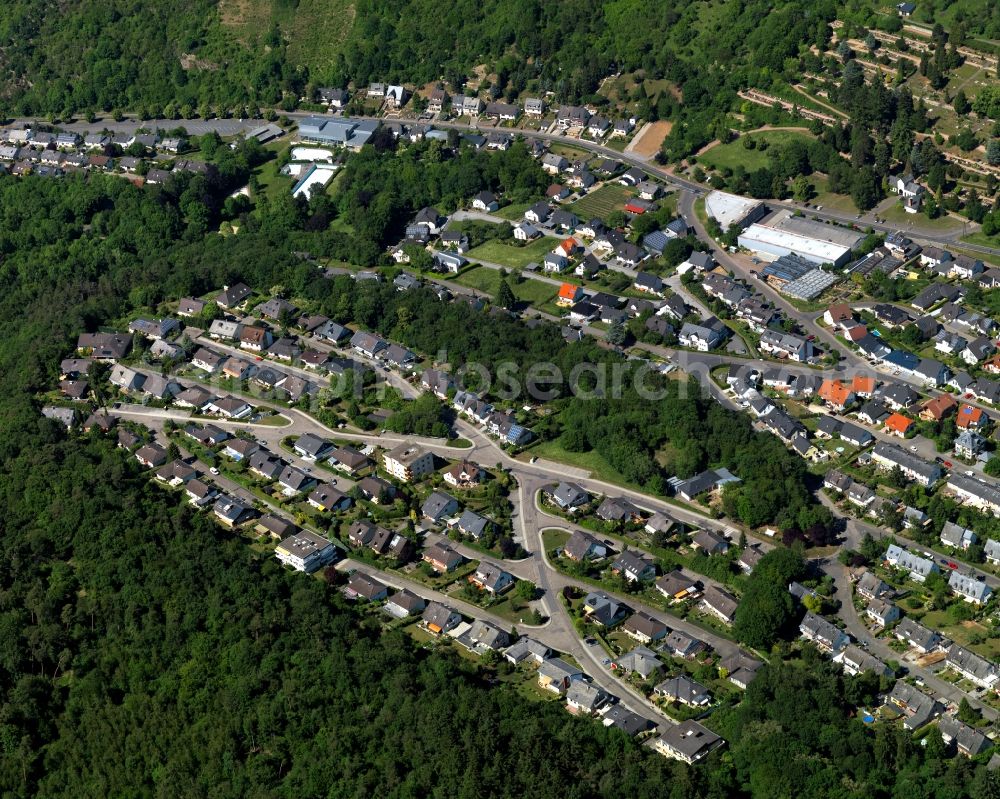 Aerial image Boppard - View of the Buchenau part of Boppard in the state Rhineland-Palatinate. The town is located in the county district of Rhine-Hunsrueck on the steep left riverbank of the river Rhine. The official tourist resort sits in the UNESCO world heritage site of Upper Middle Rhine Valley and is characterised by vineyards and wine-growing estates. Buchenau is located in the South of the town centre