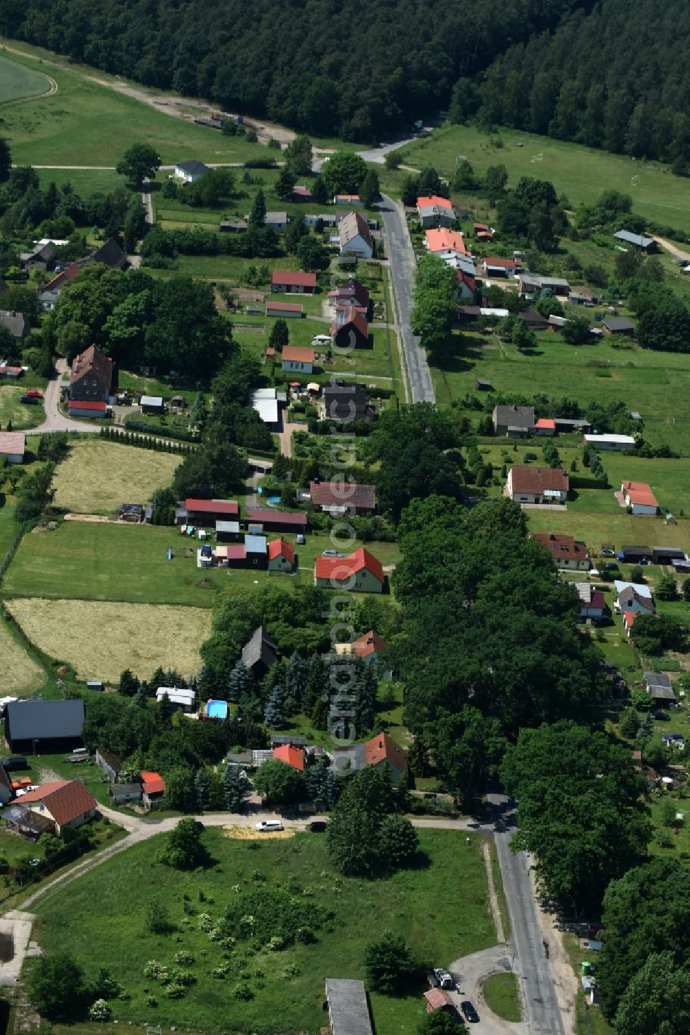 Aerial image Schwarz - View of the village of Buschhof in the county of Schwarz in the state of Mecklenburg - Western Pomerania. The village is surrounded by fields and located on the edge of a forest and along Wittstocker Strasse, the L25