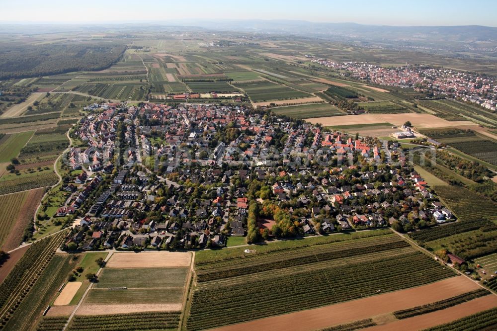 Mainz from above - View of the Drais part of Mainz in the state of Rhineland-Palatinate. Drais is the smallest district of the state capital and is located on a hill in the West of the city. It is characterised by agriculture, fruit and vegetable fields