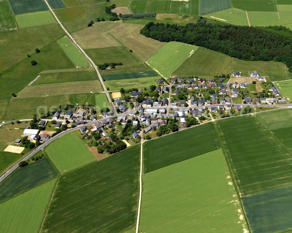 Braunshorn from above - View of the Ebschied part of the borough of Braunshorn in the state of Rhineland-Palatinate. The borough and municipiality is located in the county district of Rhine-Hunsrueck, in the foothills of the Hunsrueck region. The village consists of residential areas and is surrounded by fields and meadows and includes several parts and hamlets such as Ebschied