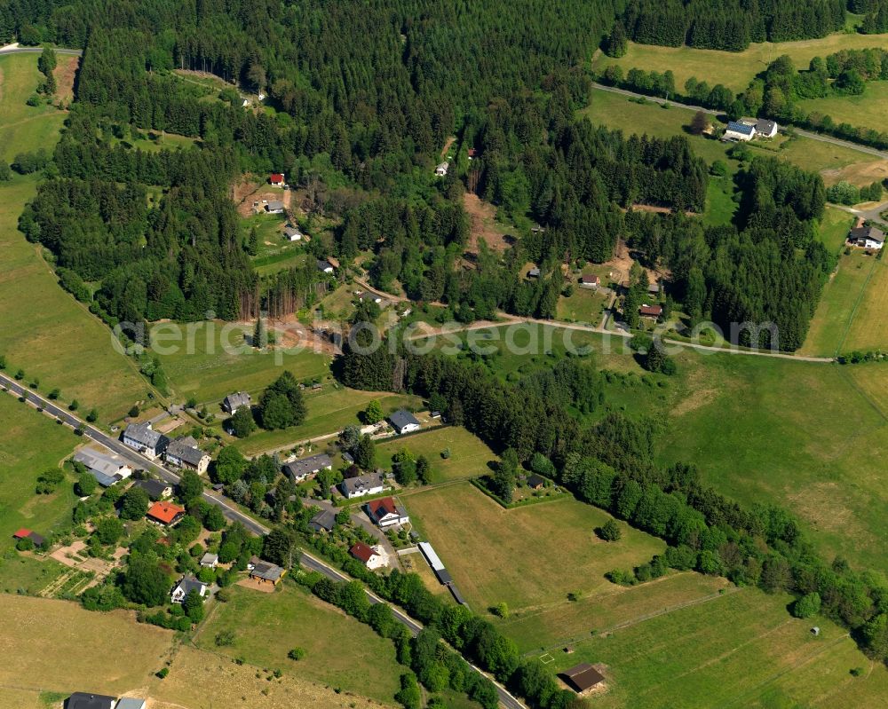 Börfink from the bird's eye view: View of the Einschiederhof part of Boerfink in the state of Rhineland-Palatinate. The borough and municipiality is located in the county district of Birkenfeld, on Traunbach creek near the Erbeskopf mountain in the Hunsrueck region. It is surrounded by agricultural land, meadows and forest and consists of three hamlets: Einschiederhof, Forellenhof Trauntal and Thranenweier