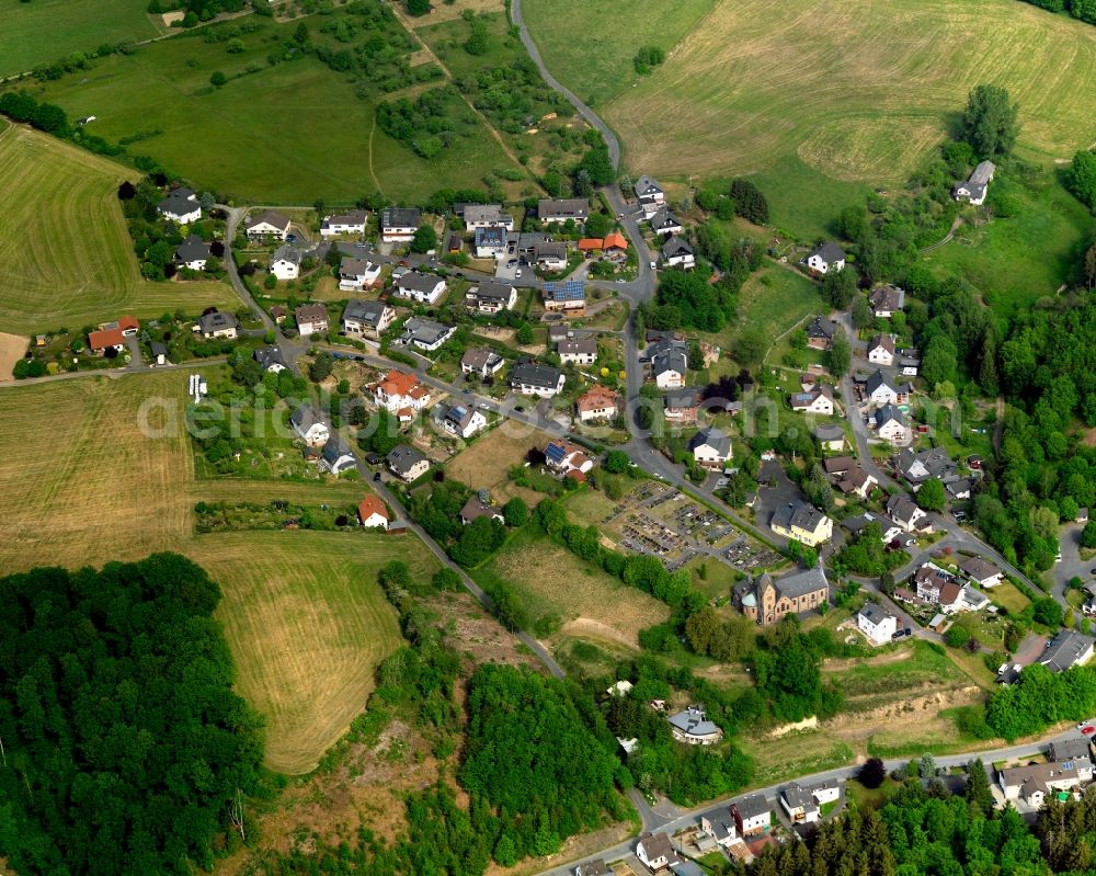 Katzwinkel (Sieg) from above - View of the Elkhausen part of Katzwinkel in the state of Rhineland-Palatinate. The municipiality and borough is an official tourist resort and consists of several residential areas and agricultural businesses and land. It is surrounded by forest and hills. Elkhausen is located in its West