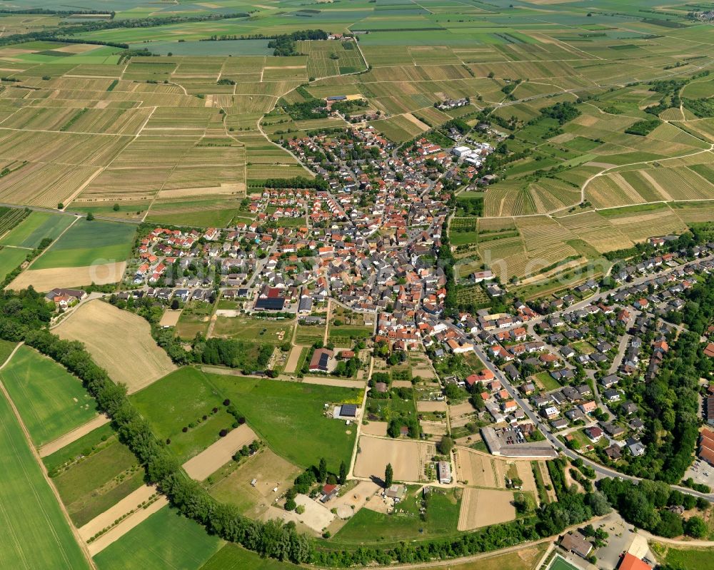 Aerial image Stadecken-Elsheim - View of the Elsheim part in the West of the borough of Stadecken-Elsheim in the state of Rhineland-Palatinate. The borough is located in the county district of Mainz-Bingen. The residential village is surrounded by fields, vineyards and meadows