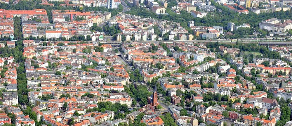 Berlin from above - View of the district of Friedenau in Berlin / Tempelhof-Schöneberg. the dominating traffic routes are the Bundesallee and the city highway A100