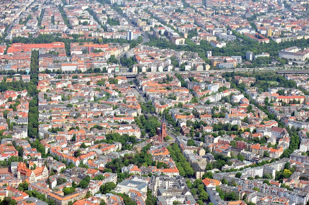 Aerial image Berlin - View of the district of Friedenau in Berlin / Tempelhof-Schöneberg. the dominating traffic routes are the Bundesallee and the city highway A100