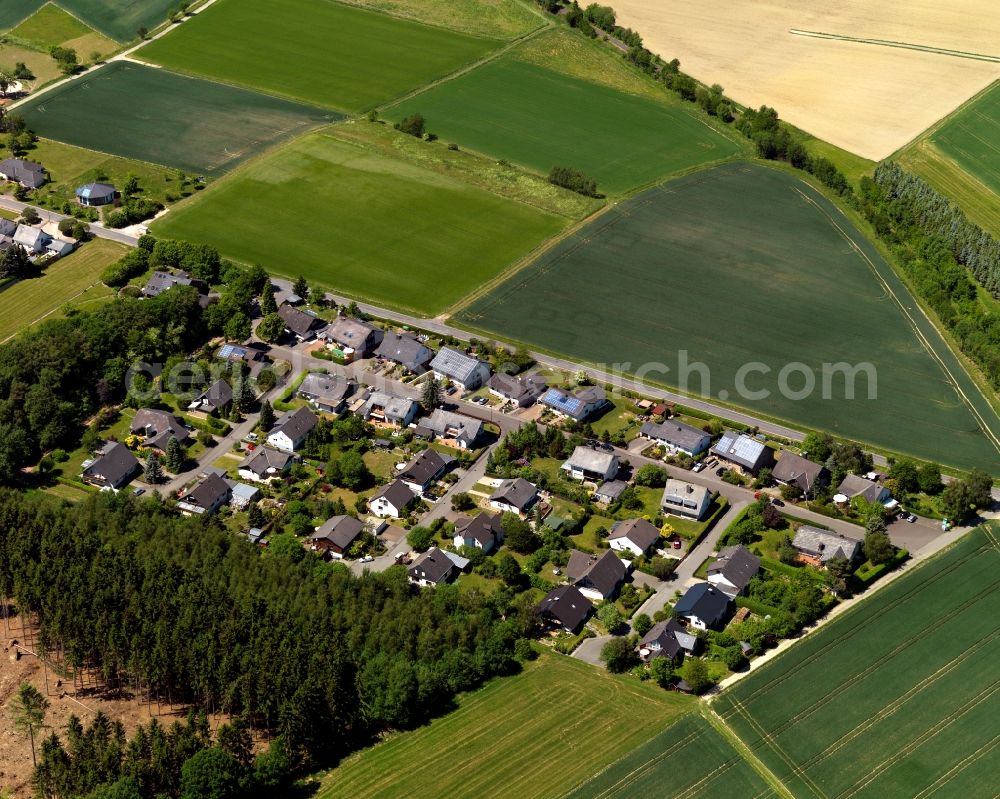 Aerial image Hollnich - View of the Gammelshausen part of th borough of Hollnich in the state of Rhineland-Palatinate. The borough and municipiality is located in the county district of Rhine-Hunsrueck, in the foothills of the Hunsrueck region. The village consists of residential areas and is surrounded by fields and meadows and includes several parts such as Gammelshausen