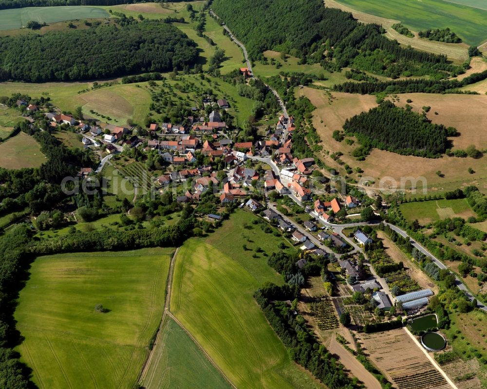 Becherbach from the bird's eye view: View of the Gangloff part of the borough and municipiality of Becherbach in the state of Rhineland-Palatinate. The agricultural borough is located in the county district of Bad Kreuznach. Surrounded by fields, hills and forest, the village with its parts and hamlets is located in the Palatinate region