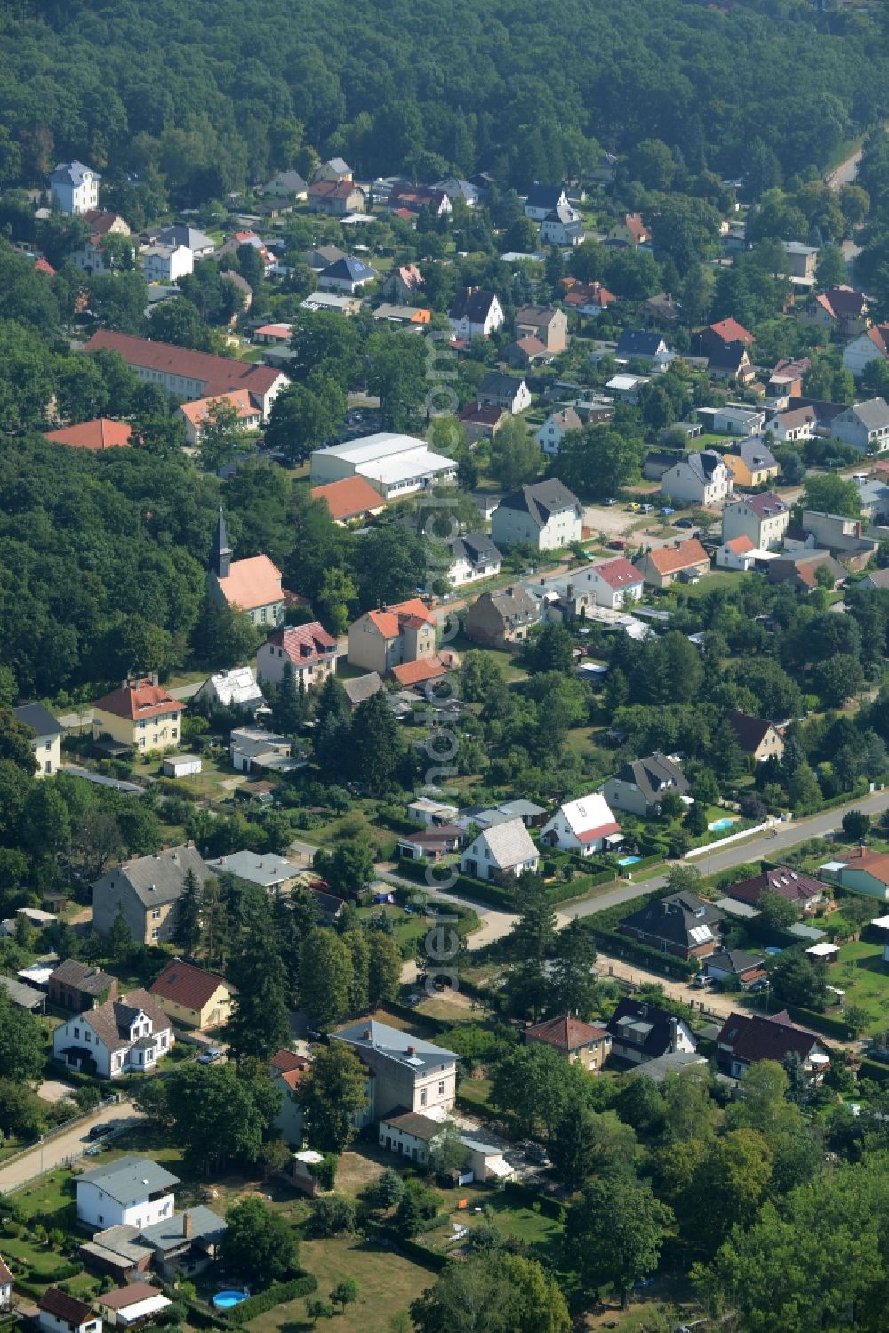 Grünheide (Mark) from above - View of the Hangelsberg part of the borough of Gruenheide (Mark) in the state of Brandenburg. The residential village is located on the river Spree in the Southeast of the main village in the county district of Oder-Spree