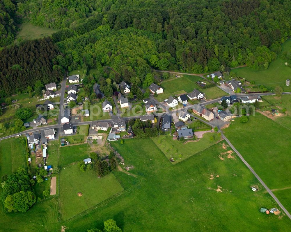 Aerial image Rothenbach - View of the Himburg part of Rothenbach in the state of Rhineland-Palatinate. The borough and municipiality Rothenbach is located in the county district of Westerwaldkreis and is a rural residential borough. Rothenbach is surrounded by agricultural land, hills and meadows and located on the federal highway B255. Himburg is located in the Northwest of the borough on a forest