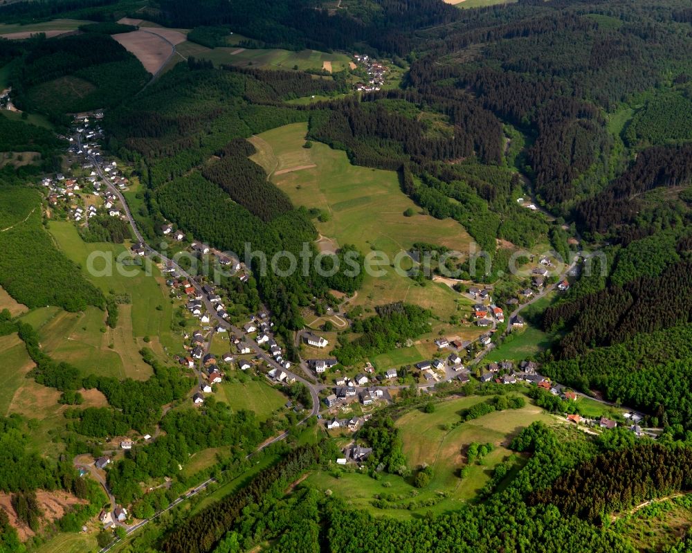 Aerial image Harbach - View of the Hinhausen part of Harbach in the state of Rhineland-Palatinate. Hinhausen with its residential buildings and farms is located in the borough of Harbach. The village is surrounded by fields, forest and hills