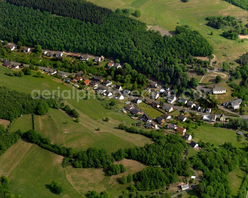 Harbach from above - View of the Hinhausen part of Harbach in the state of Rhineland-Palatinate. Hinhausen with its residential buildings and farms is located in the borough of Harbach. The village is surrounded by fields, forest and hills