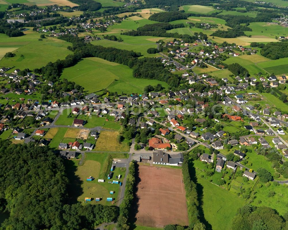 Aerial image Buchholz - View of the Koelsch-Buellesbach part of Buchholz in the state of Rhineland-Palatinate. The borough and municipiality Buchholz is located in the county district of Neuwied on the edge of the Westerwald forest region and surrounded by fields, meadows and hills. Koelsch-Buellesbach is located in the North of the core village