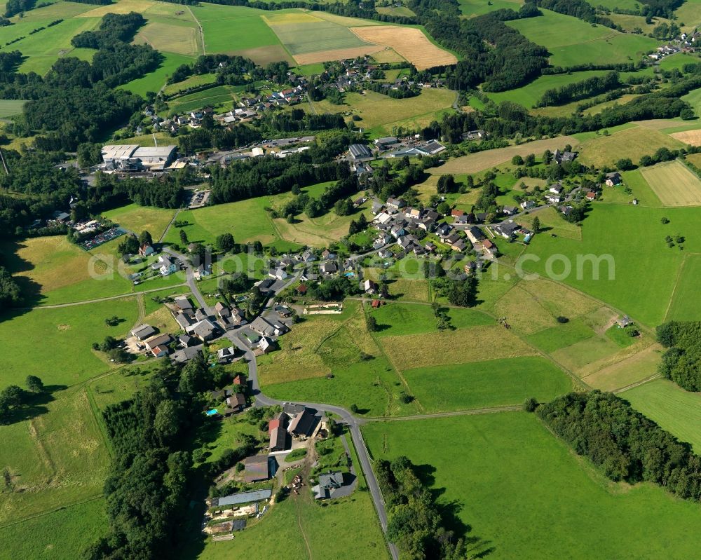 Buchholz from the bird's eye view: View of the Krautscheid and Seifen parts of Buchholz in the state of Rhineland-Palatinate. The borough and municipiality Buchholz is located in the county district of Neuwied on the edge of the Westerwald forest region and surrounded by fields, meadows and hills. Along Hanftalstrasse, there are several agricultural and forestry businesses and company buildings. Krautscheid is located in the North of Seifen