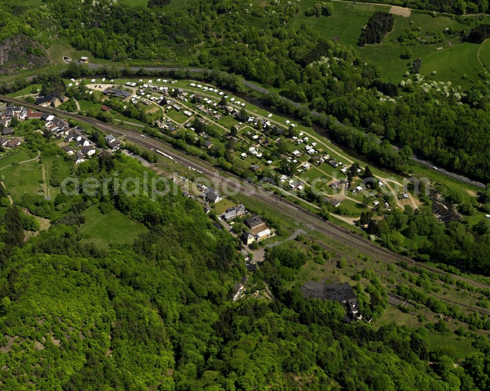 Altenahr from above - View of the Kreuzberg part of Altenahr in the state of Rhineland-Palatinate. Several camping sites are spread out on the riverbanks of the river Ahr. Altenahr is an official tourist resort and consists of four parts with diverse leisure and tourism facilities and residential areas