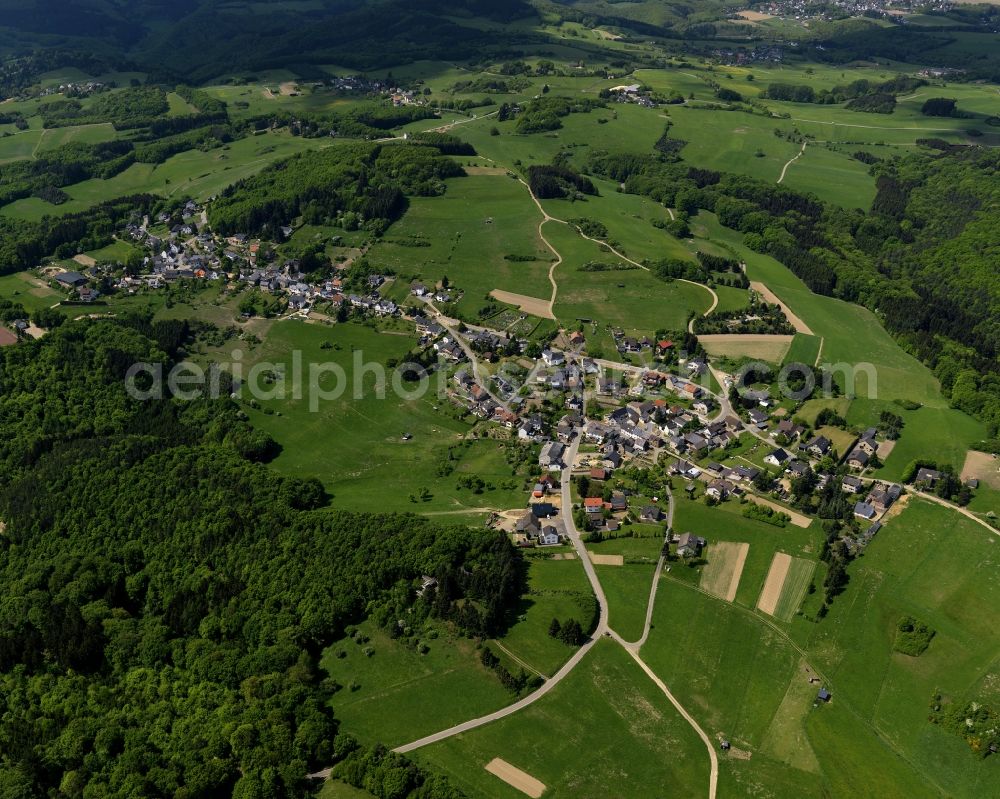 Berg from above - View of the Kraelingen part of the borough of Berg in the state of Rhineland-Palatinate. Kraelingen is located in the South of the borough and consists of Ober and Unter Kraelingen. Both parts are surrounded by forest and agricultural land and close to the border to North Rhine-Westphalia