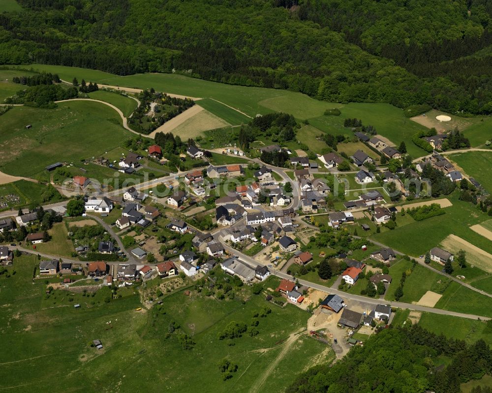 Berg from the bird's eye view: View of the Kraelingen part of the borough of Berg in the state of Rhineland-Palatinate. Kraelingen is located in the South of the borough and consists of Ober and Unter Kraelingen. Both parts are surrounded by forest and agricultural land and close to the border to North Rhine-Westphalia