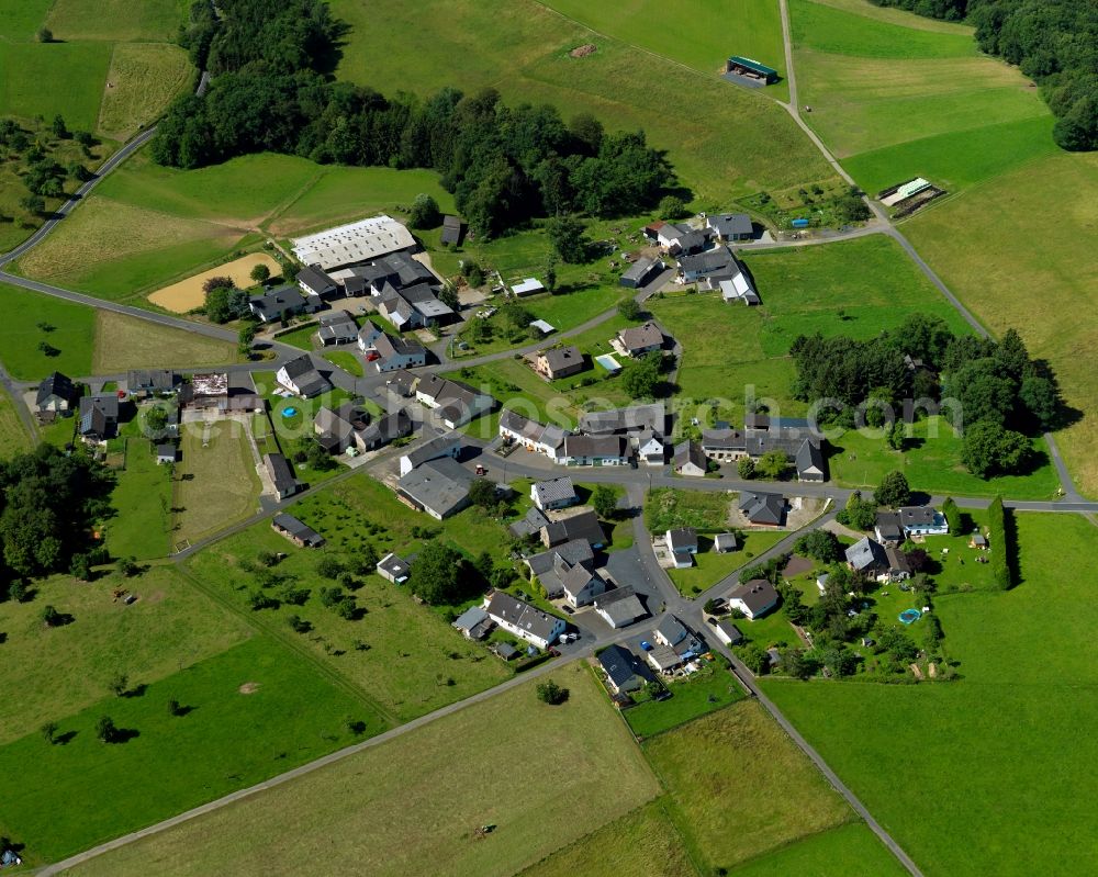 Aerial photograph Asbach - View of the Krumscheid part of Asbach in the state of Rhineland-Palatinate. The borough and municipiality Asbach is located in the county district of Neuwied in the Niederwesterwald forest region between the Nature parks Rhine-Westerwald and Bergisches Land. Krumscheid is located in the East of the main village and is characterised by agriculture