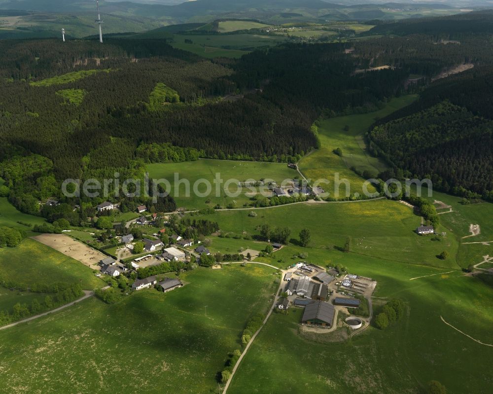 Aerial image Hohenleimbach - View of the Lederbach part of the borough of Hohenleimbach in the state of Rhineland-Palatinate. Hohenleimbach is the highest borough of the district of Brohltal and is located in the West of it. View of Lederbach in the North of the borough and a large agricultural estate with outbuildings