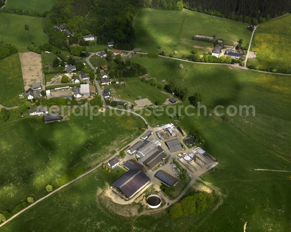 Aerial photograph Hohenleimbach - View of the Lederbach part of the borough of Hohenleimbach in the state of Rhineland-Palatinate. Hohenleimbach is the highest borough of the district of Brohltal and is located in the West of it. View of Lederbach in the North of the borough and a large agricultural estate with outbuildings