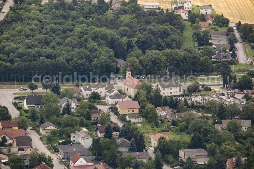 Maria Ellend from above - View of Neu Haslau with the catholic church of Maria Ellend in Lower Austria, Austria