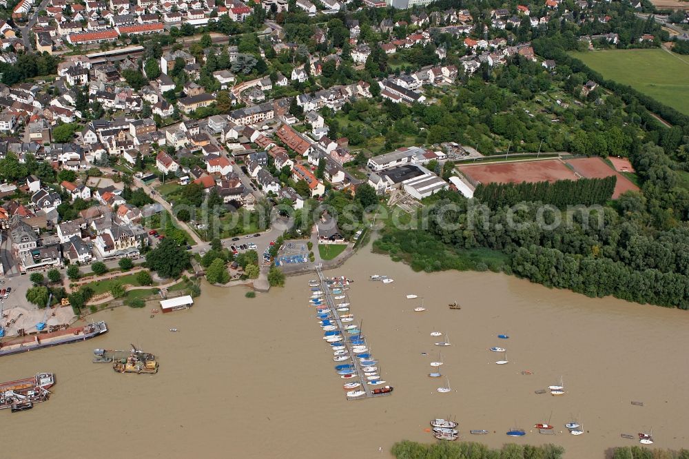 Walluf from above - View of the Niederwalluf part of Walluf in the state of Hesse. The borough and municipiality is located in the county district of Rheingau-Taunus, on the riverbank of the Rhine and the Niederwallufer Bay. The part includes a dock and residential buildings