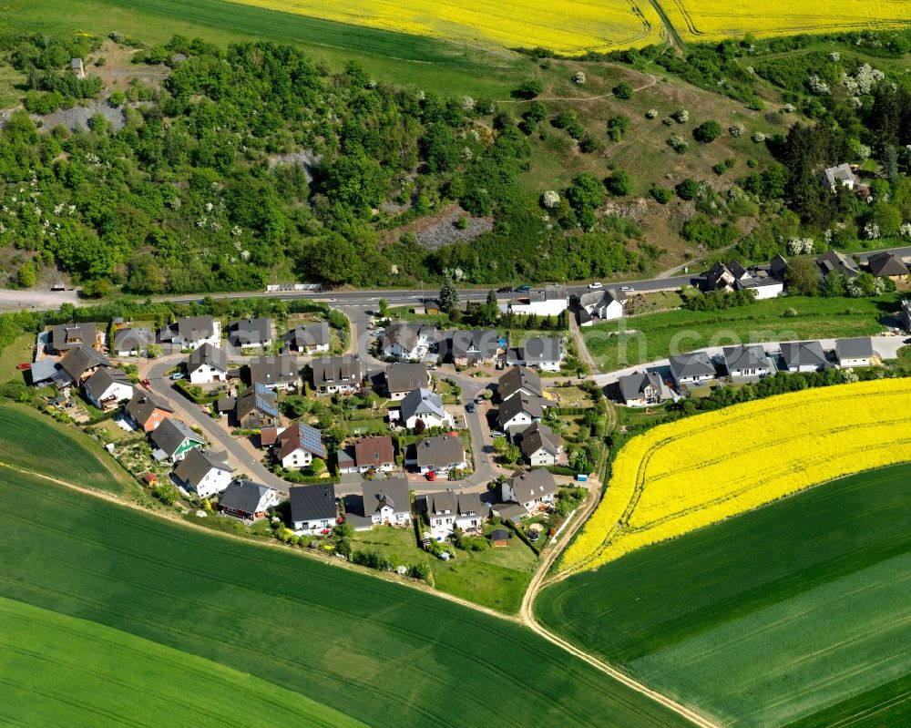 Trimbs from above - View of the North of Trimbs in the state of Rhineland-Palatinate. The agricultural borough and municipiality is located in the county district of Mayen-Koblenz, above the Valley of the river Nette and on the road L113, and is surrounded by meadows and rapeseed fields