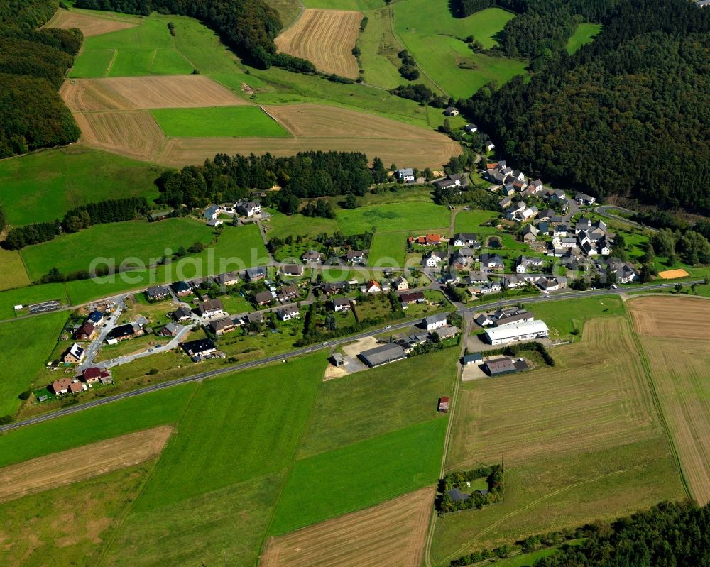 Baar from the bird's eye view: View of the Oberbaar part of Baar in the state of Rhineland-Palatinate. The borough and municipiality of Baar is located in the county district of Mayen-Koblenz in the Eifel region. Baar is surrounded by agricultural land and meadows and consists of several parts such as Oberbaar which is located in its North on the edge of a forest