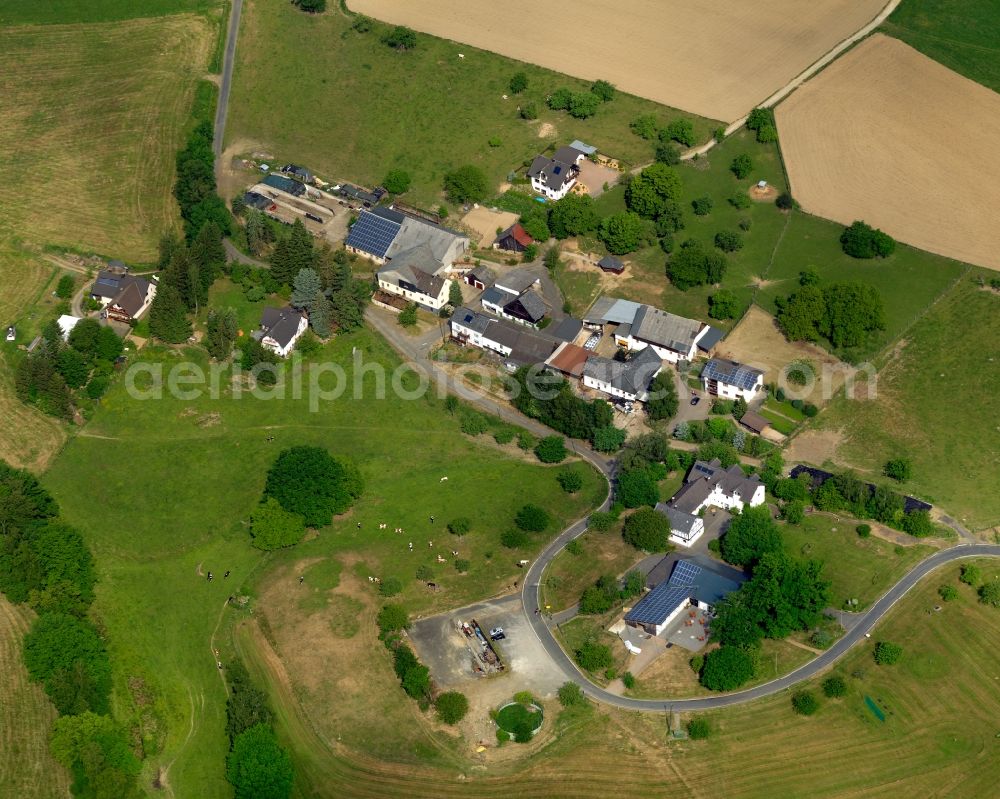 Aerial photograph Hövels - View of the Oberhoevels part of Hoevels in the state of Rhineland-Palatinate. Oberhoevels is located on a small hill in a bend of the river Sieg. It belongs to the municipiality of Hoevels which is located in the South