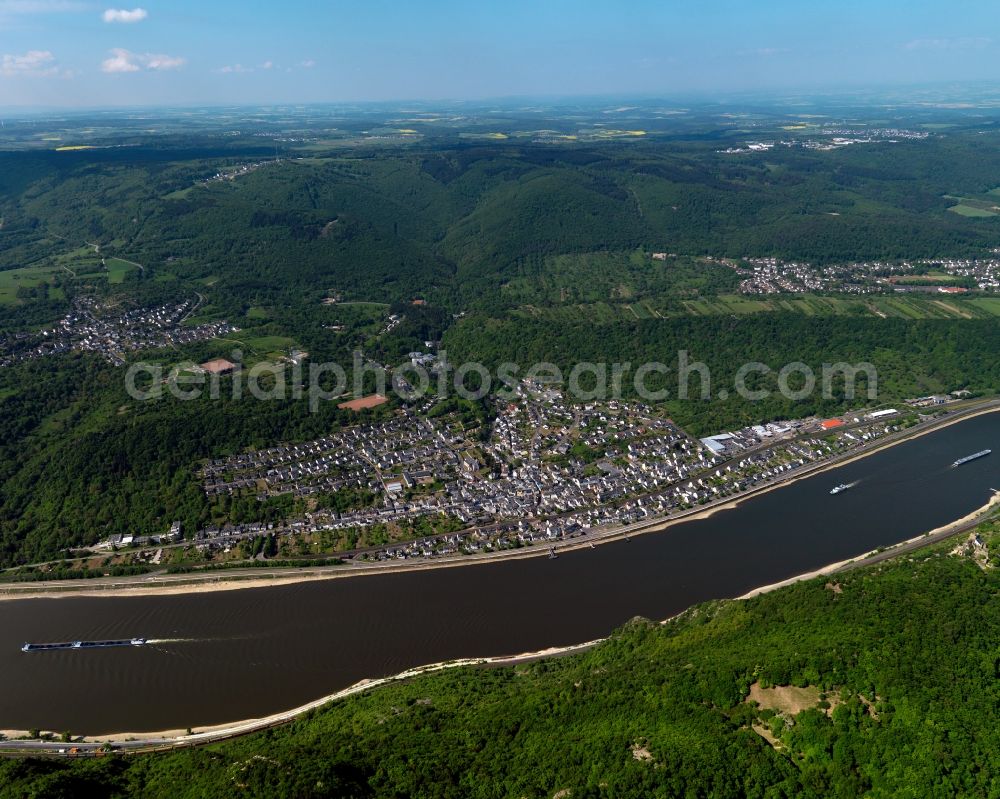 Aerial image Boppard - View of the Bad Salzig district of Boppard in the state Rhineland-Palatinate. The town is located in the county district of Rhine-Hunsrueck on the steep left riverbank of the river Rhine. The official tourist resort sits in the UNESCO world heritage site of Upper Middle Rhine Valley and is characterised by vineyards and wine-growing estates. Bad Salzig is located in the South of the town centre