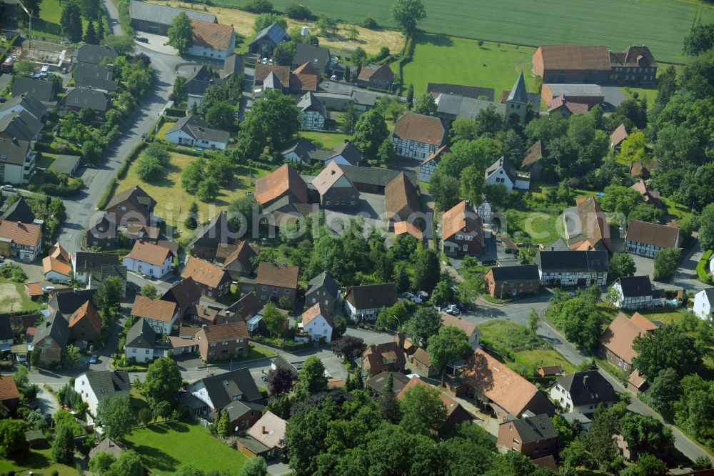 Welver from above - View of the Borgeln part of the borough of Welver in the state of North Rhine-Westphalia. The borough is located in the county district of Soest. The village is surrounded by forest, hills and fields and consists mainly of single family houses. It is located in the Southwest of the main village