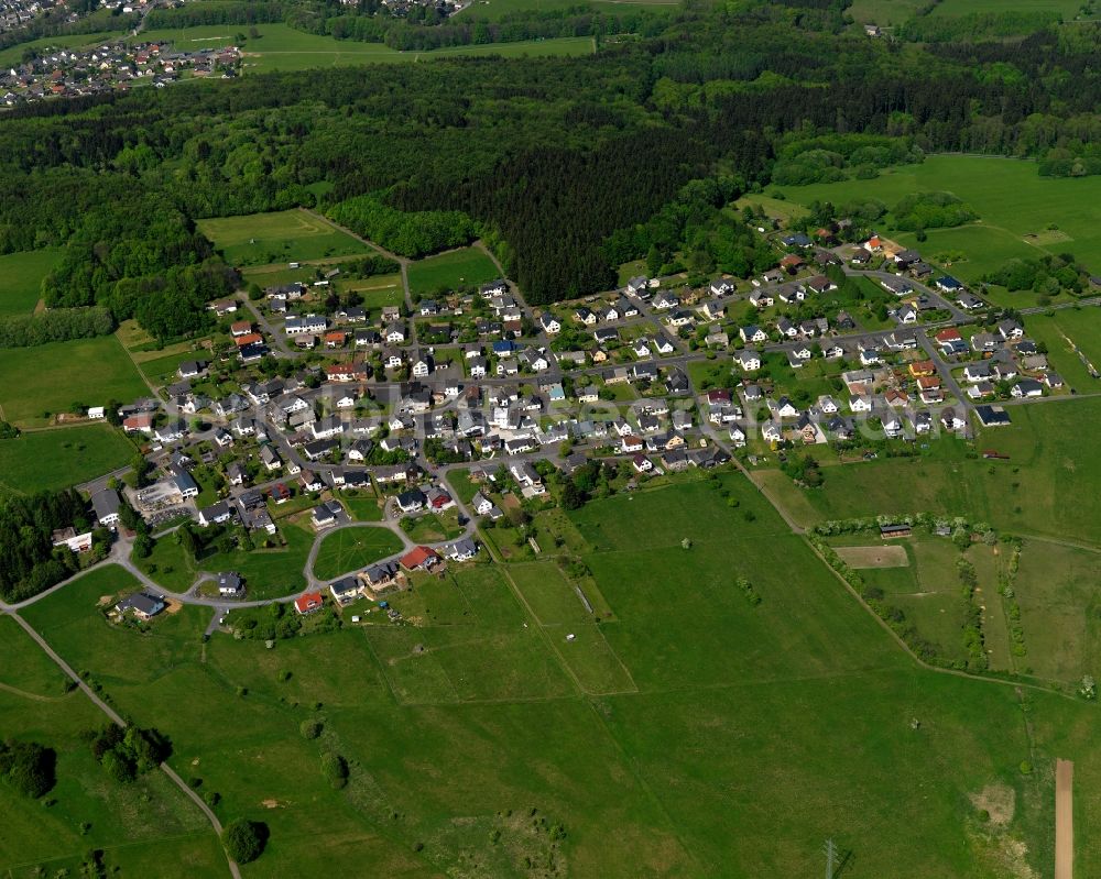 Höhn from above - View of the Neuhochstein part of the borough of Hoehn in the state of Rhineland-Palatinate. The borough is located in the county district and region of Westerwald. The residential village is surrounded by fields and meadows. It sits right on federal highway B255 and consists of several parts. Neuhochstein is located on a forest in the West of the core village