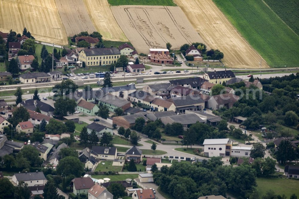 Maria Ellend from the bird's eye view: View of the South of Maria Ellend and agricultural fields in Lower Austria, Austria