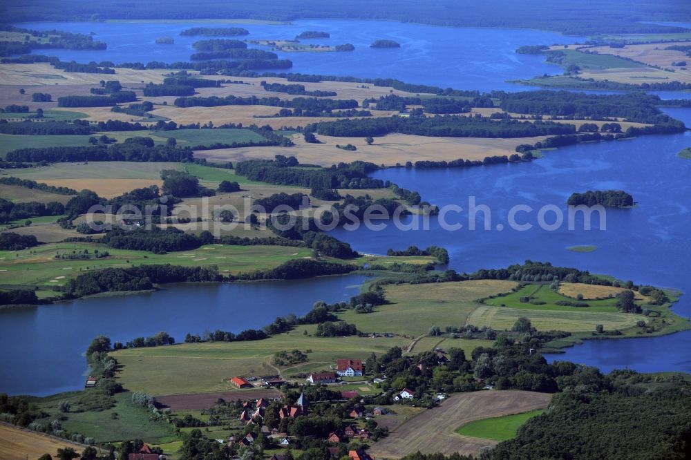 Aerial image Kuchelmiß - View of the Serrahn part of the Krakow Lake District in the borough of Kuchelmiss in the state of Mecklenburg - Western Pomerania. The landscape consists of several lakes and islands. Serrahn is located on the shore of Lake Serrahner See and Krakow Untersee - Obersee is located in the background