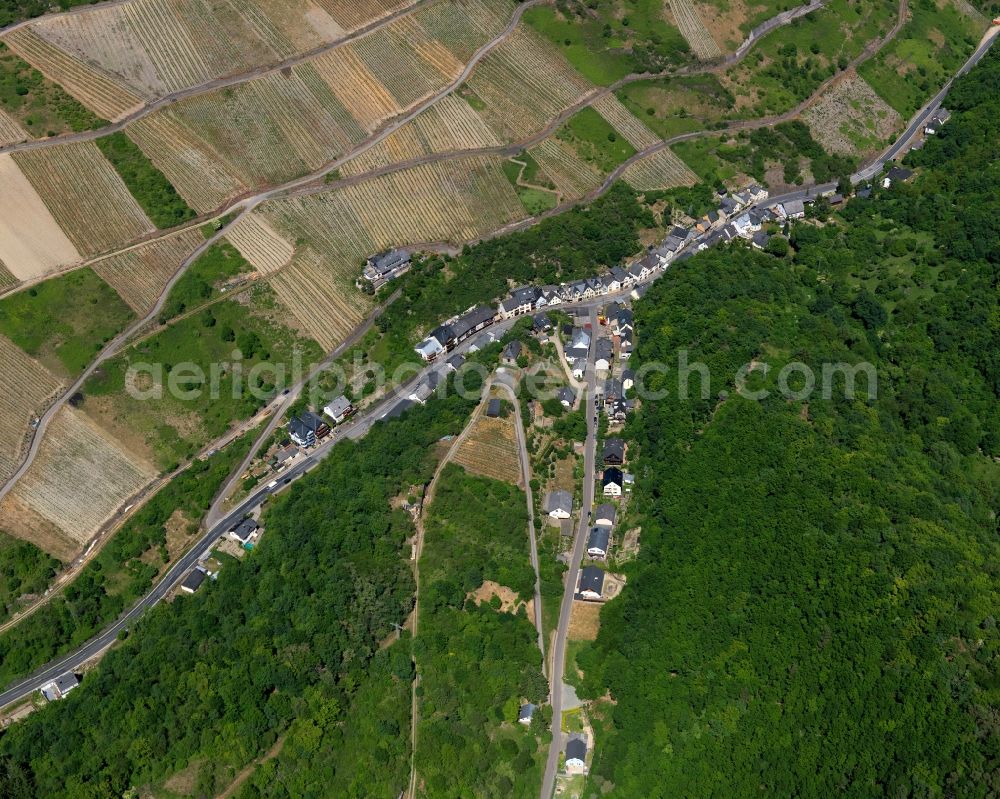 Aerial photograph Oberwesel - View of the Engehoell part of the town of Oberwesel in the state of Rhineland-Palatinate. Oberwesel is a town and official tourist resort in the county district of Rhine-Hunsrueck. The agriculturally informed part Engehoell is located in the West of the town, in a narrow valley, surrounded by fields and forest