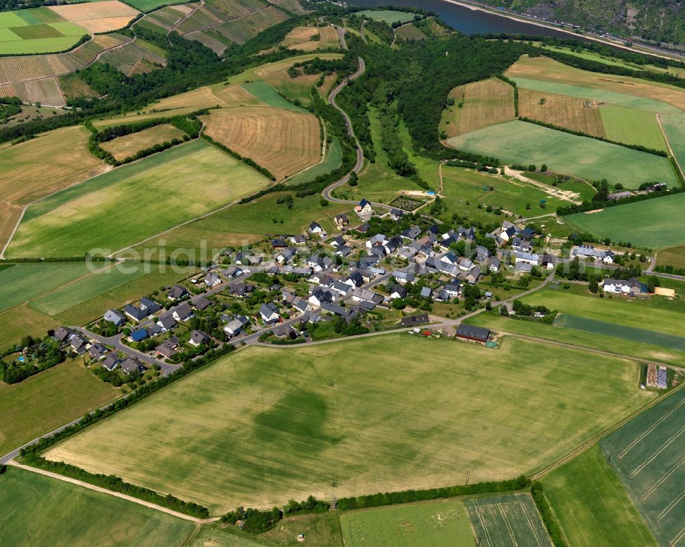 Oberwesel from the bird's eye view: View of the Langscheid part of the town of Oberwesel in the state of Rhineland-Palatinate. Oberwesel is a town and official tourist resort in the county district of Rhine-Hunsrueck. The agriculturally informed part Langscheid is located in the South of the town, surrounded by fields and meadows