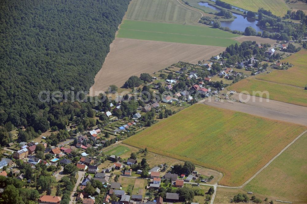 Rietz-Neuendorf from the bird's eye view: View of the village of Neubrueck in the East of the borough of Rietz-Neuendorf in the state of Brandenburg. The residential village is surrounded by fields and forest along Spreestrasse