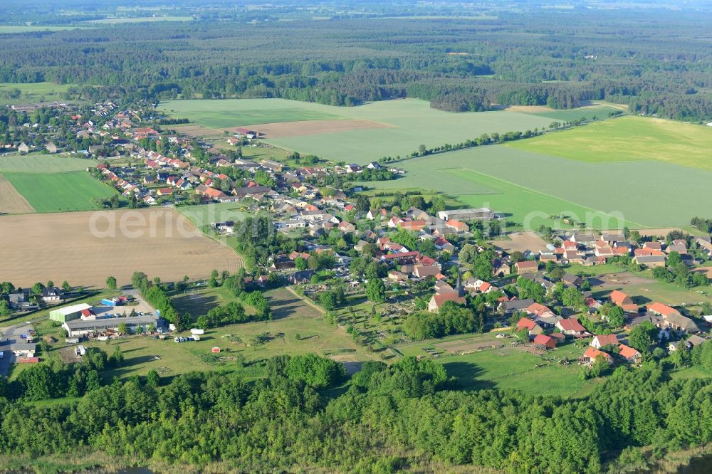 Löwenberger Land from above - View of the Teschendorf part of the borough of Loewenberger Land in the state of Brandenburg. The borough is located in the Oberhavel county district. Teschendorf is located on the straight federal highway 96, the main road, which leads up to the shores of the lake Dreetzsee